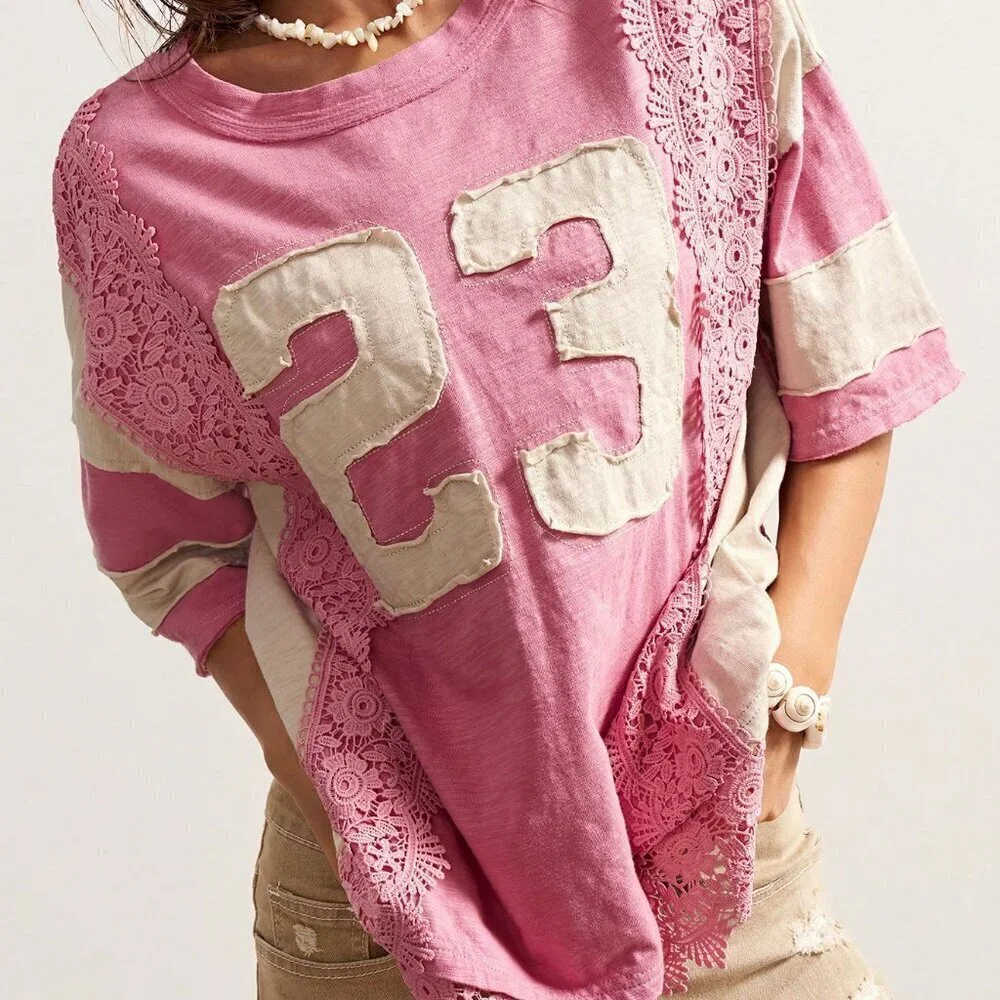 Pink Casual Women's Boho Lace Patchwork Round Neck Loose Washed tee shirt